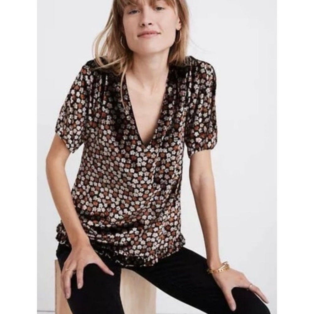 Madewell Womens Dark Floral Velvet Tulip Sleeve Blouse Grunge Whimsigoth - XS‎